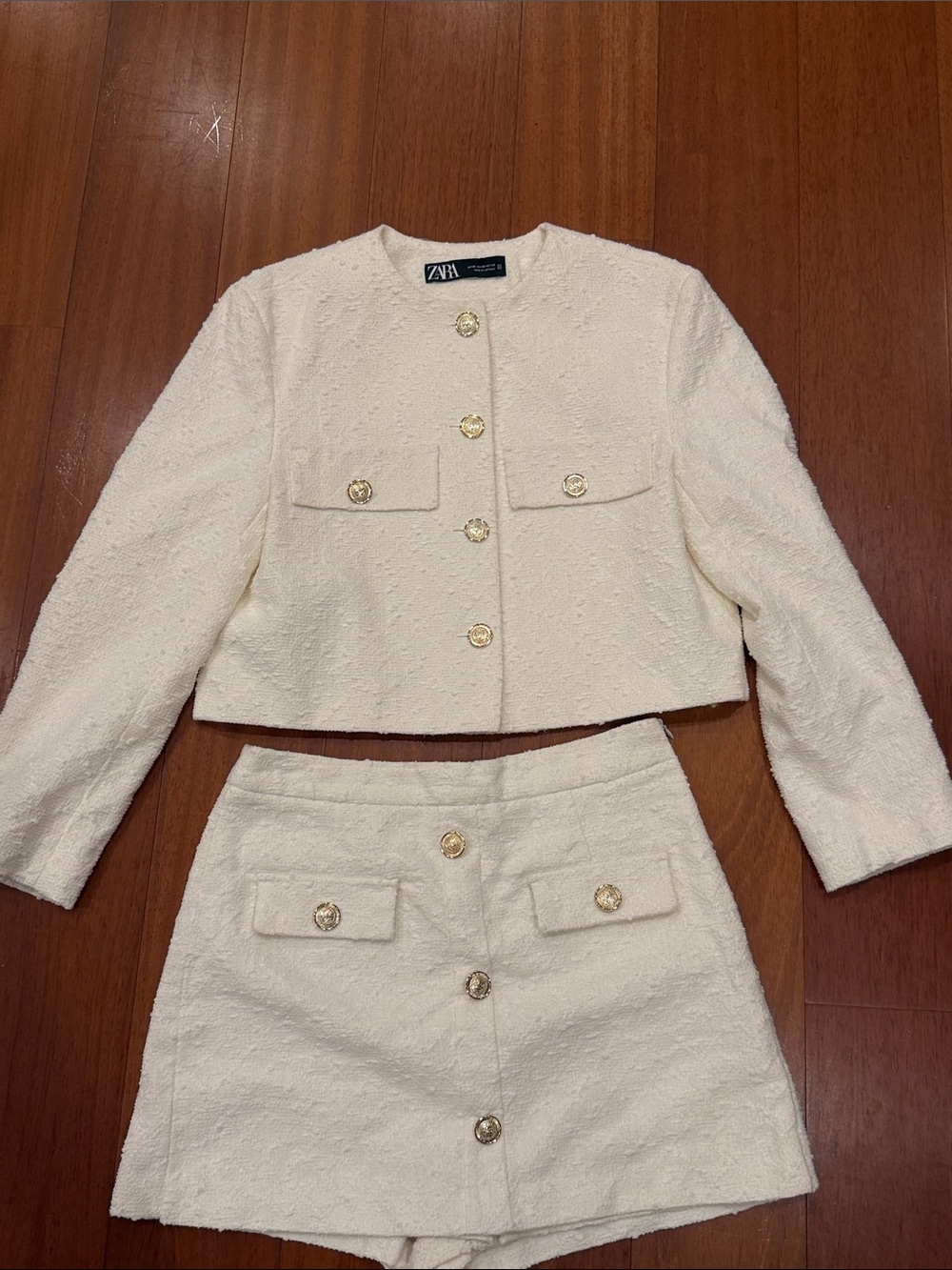ZARA Cream Bouclé Cropped Jacket & Skirt Set